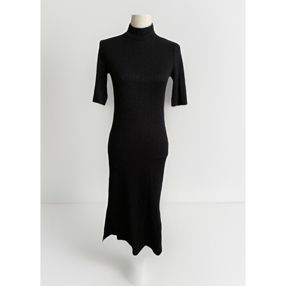 Massimo Dutti Black Maxi Dress Womens M Mock Neck Rib Knit Side Slit Chic